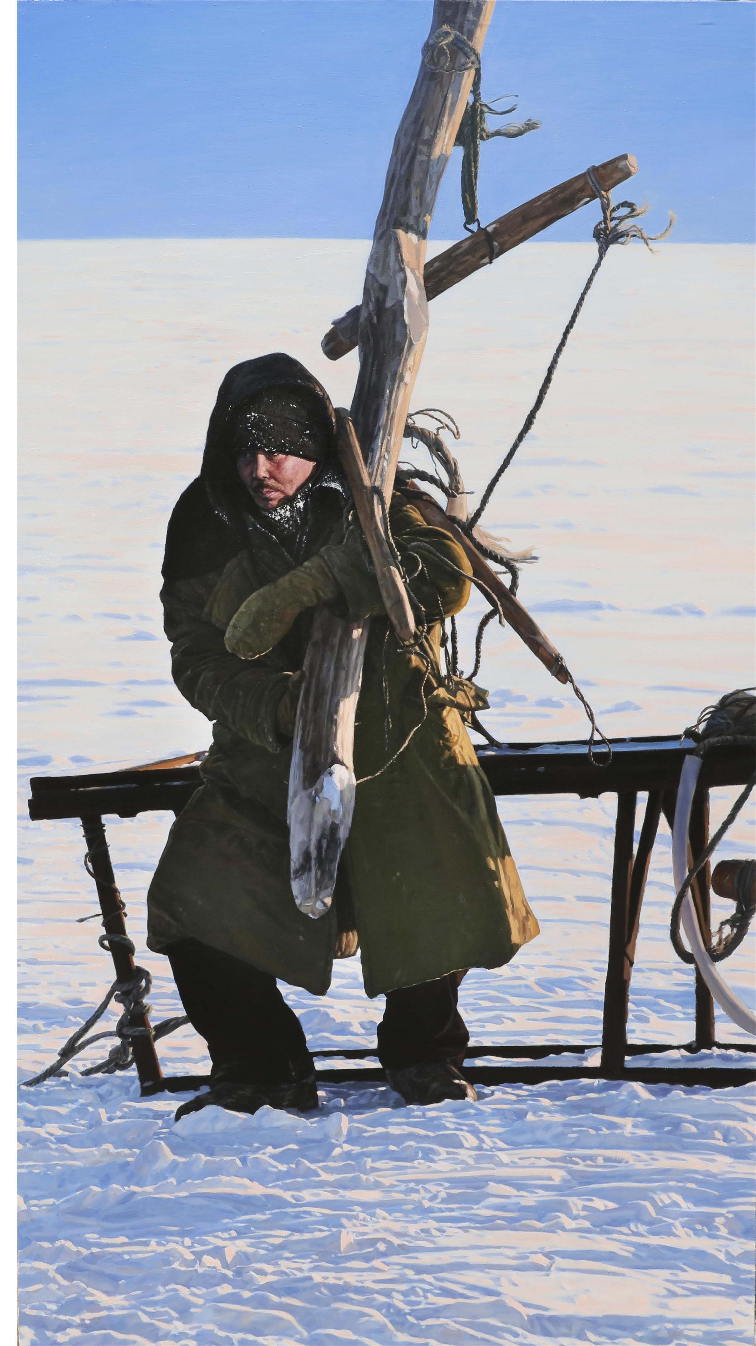 《查干湖冬捕——背負(fù)希望》布面油畫 190x105cm 國(guó)家藝術(shù)基金2016年度青年藝術(shù)創(chuàng)作人才資助項(xiàng)目、入選經(jīng)典.傳承——中國(guó)青年新寫實(shí)繪畫藝術(shù)大展